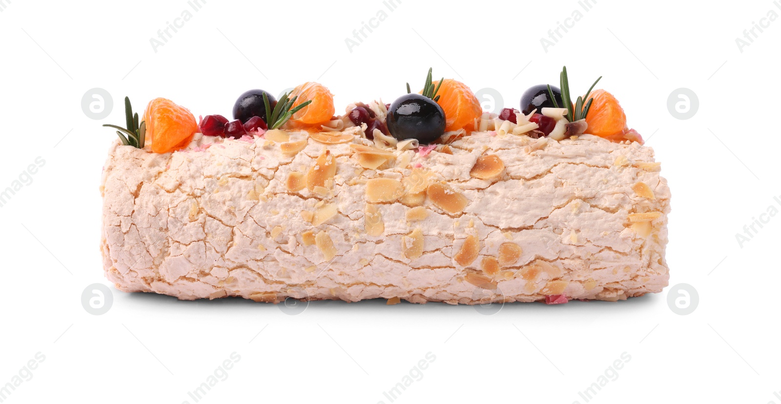 Photo of Tasty meringue roll with tangerine slices and rosemary isolated on white