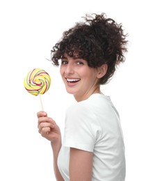 Beautiful woman with lollipop on white background