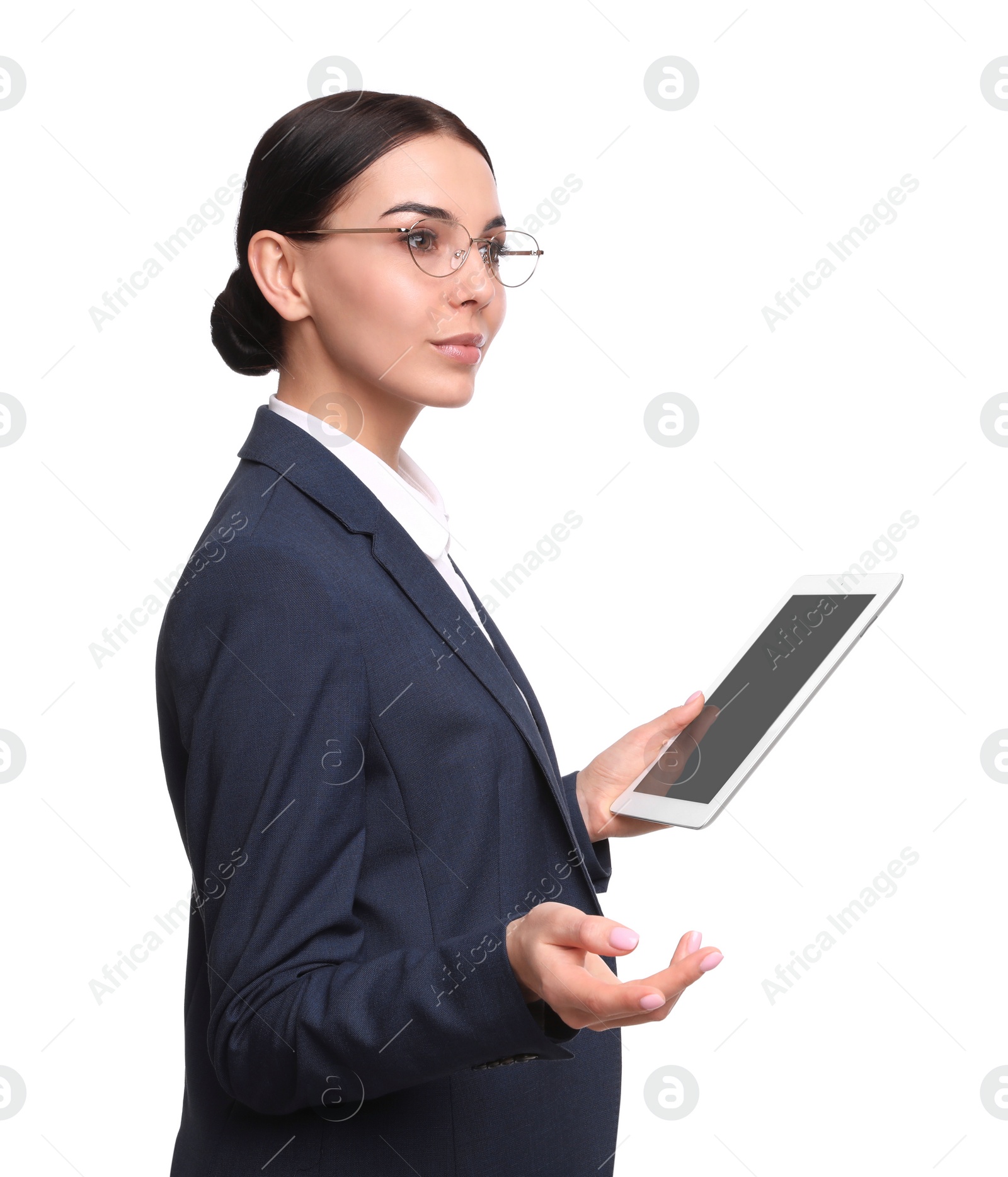 Photo of Young businesswoman with tablet on white background