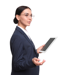 Photo of Young businesswoman with tablet on white background