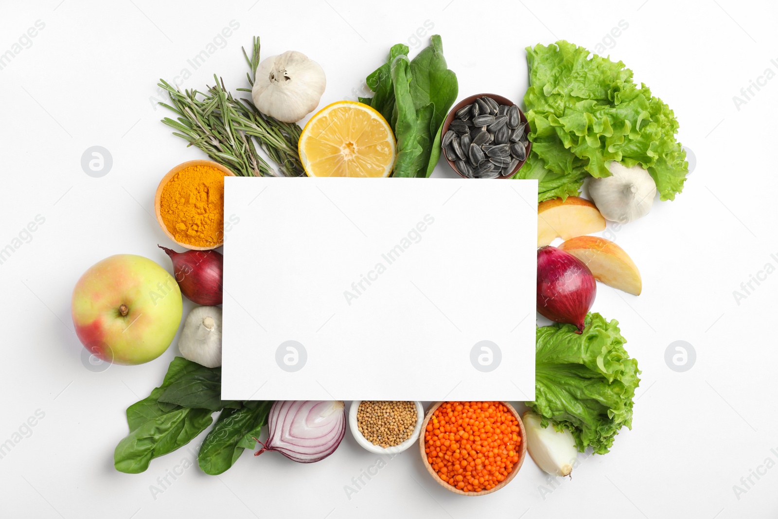 Photo of Natural products and blank card with space for text on white background, top view. Home remedies for asthma