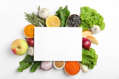 Photo of Natural products and blank card with space for text on white background, top view. Home remedies for asthma