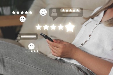 Woman leaving service feedback with smartphone at home, closeup. Stars and emoticons near device