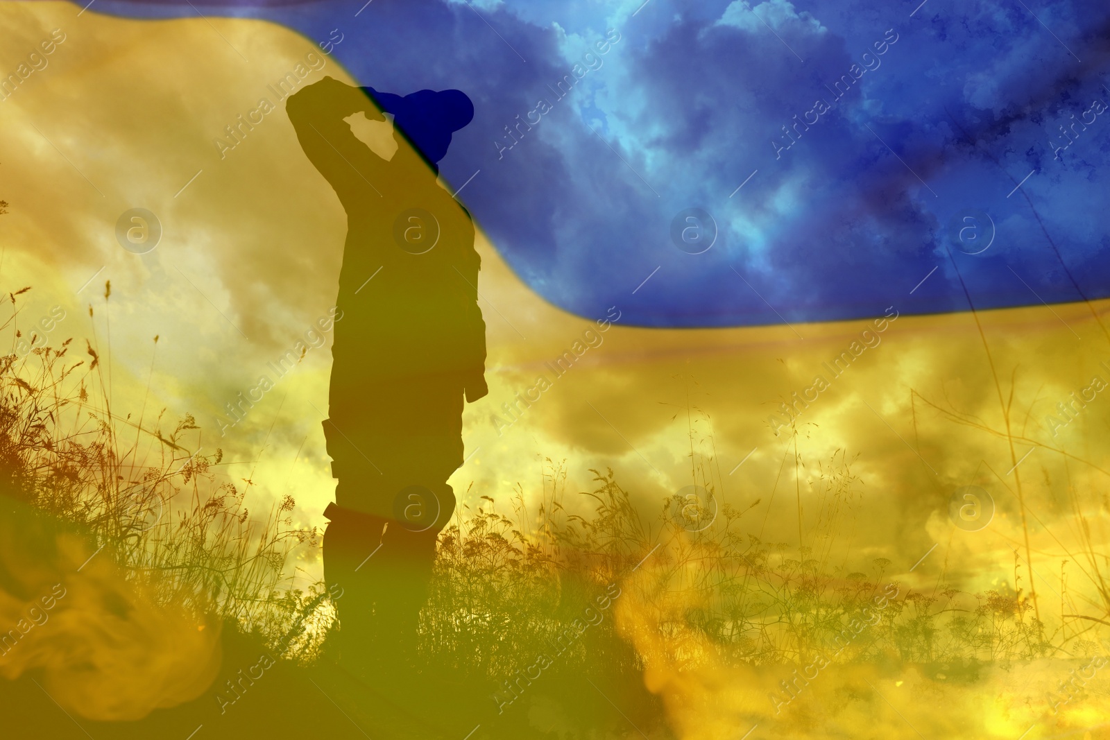 Image of Silhouette of soldier and Ukrainian national flag, double exposure