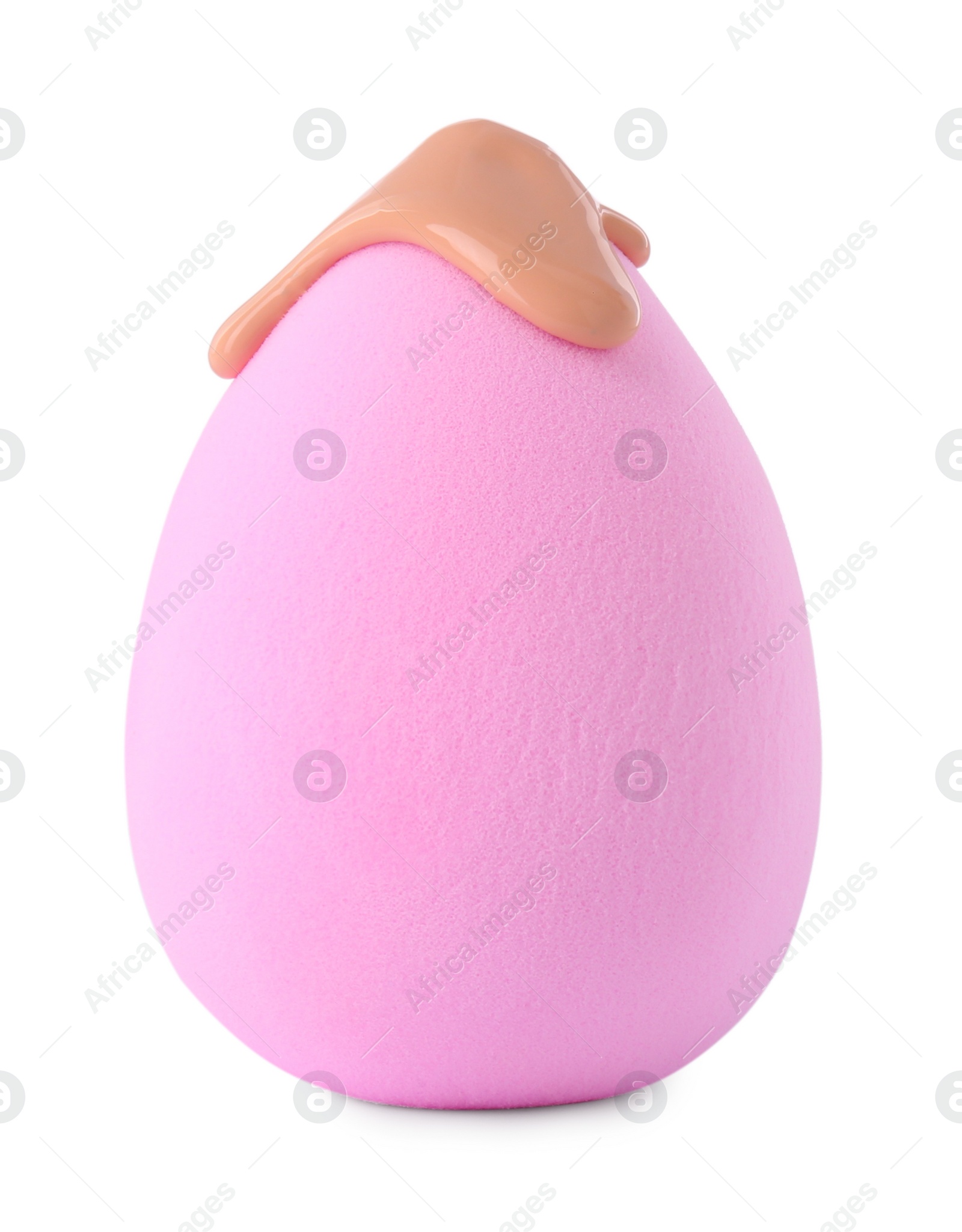 Photo of Pink makeup sponge with skin foundation isolated on white