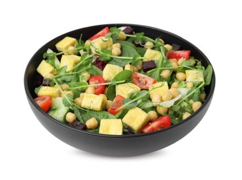 Photo of Bowl of tasty salad with tofu, chickpeas and vegetables isolated on white