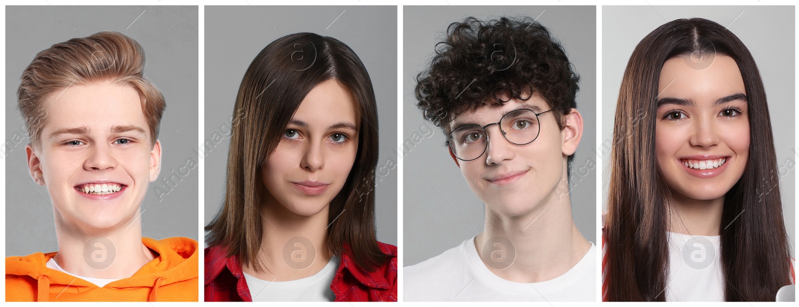 Image of Portraits of teenagers on light grey background, collage design