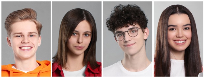 Portraits of teenagers on light grey background, collage design