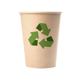 Takeaway paper coffee cup with recycling symbol on white background