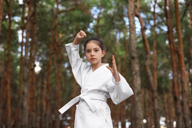 Photo of Cute little girl in kimono practicing karate in forest