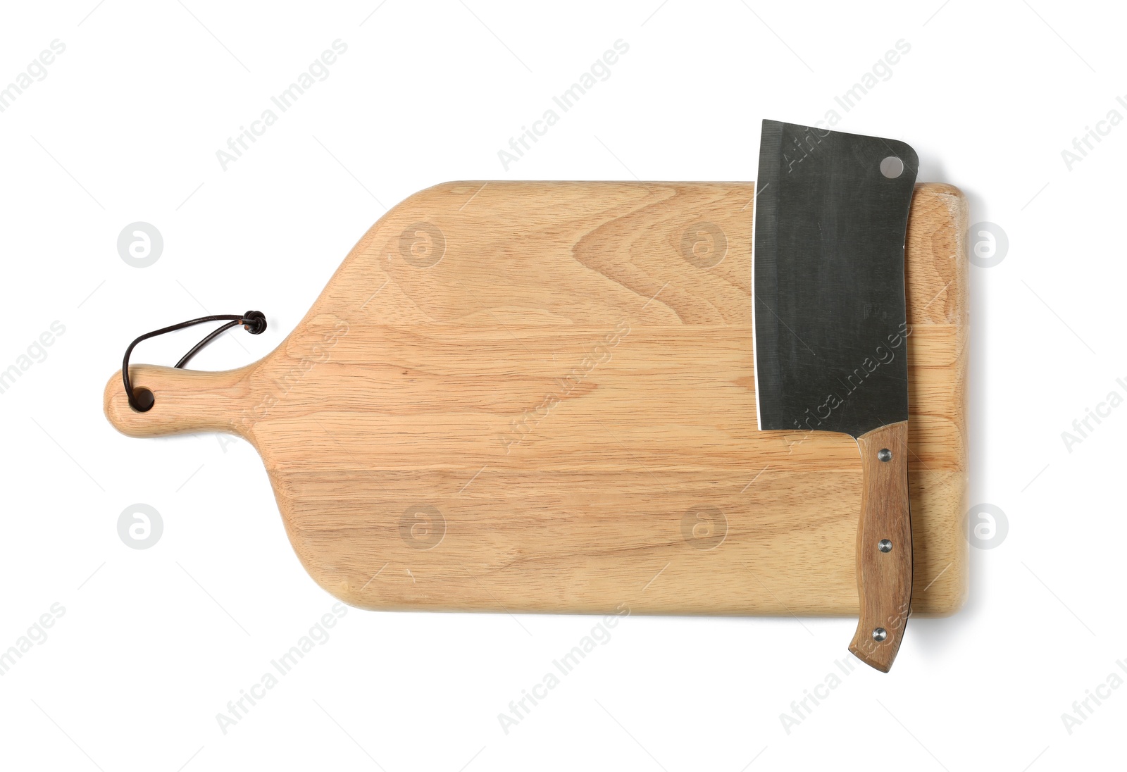 Photo of Cleaver knife with wooden board isolated on white, top view