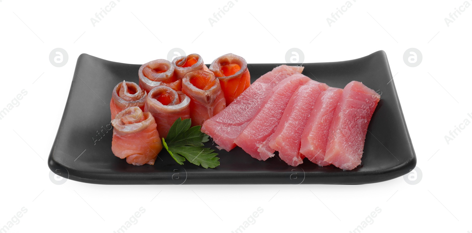 Photo of Tasty sashimi (slices of fresh raw tuna and salmon) with parsley isolated on white