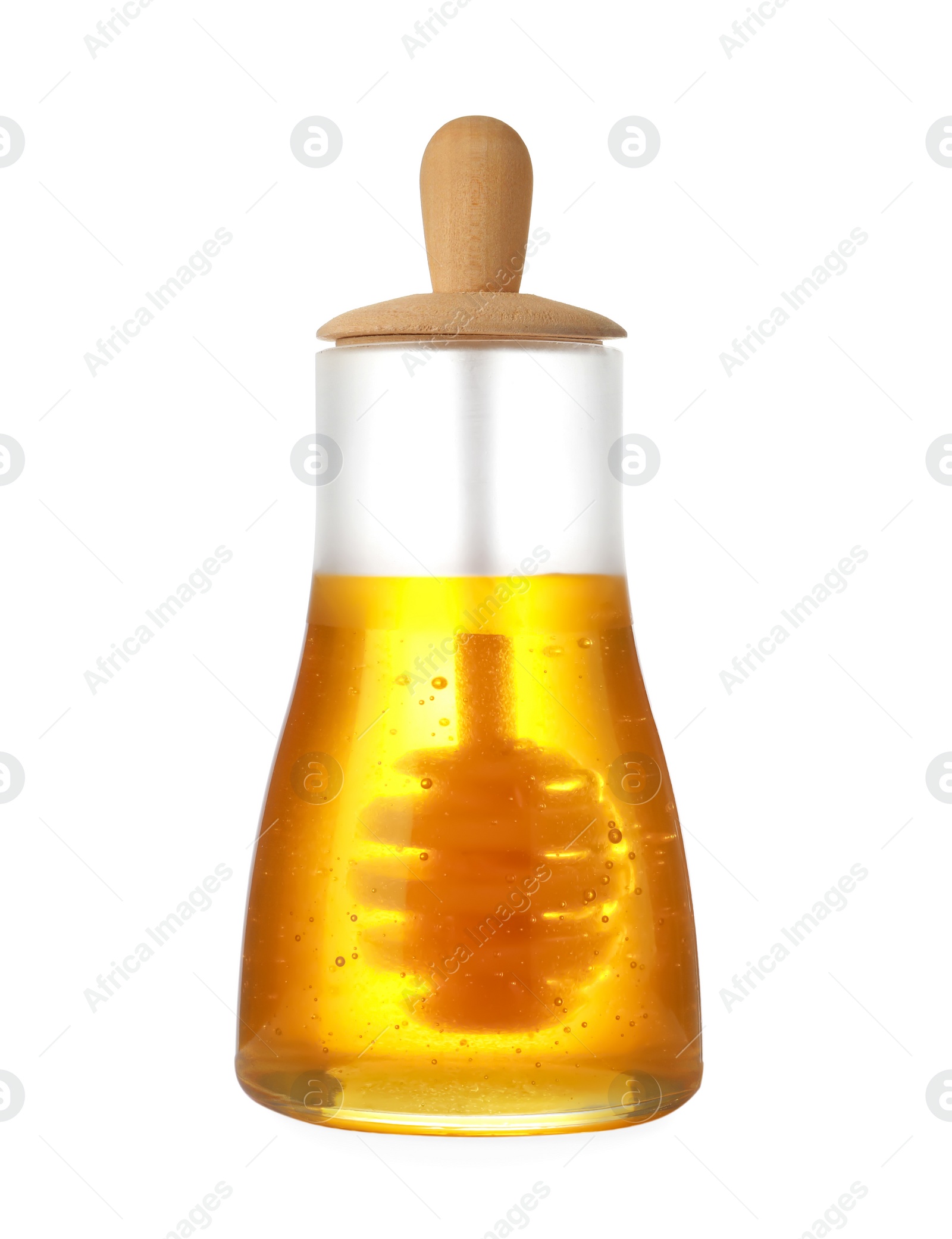 Photo of Jar with organic honey and dipper isolated on white