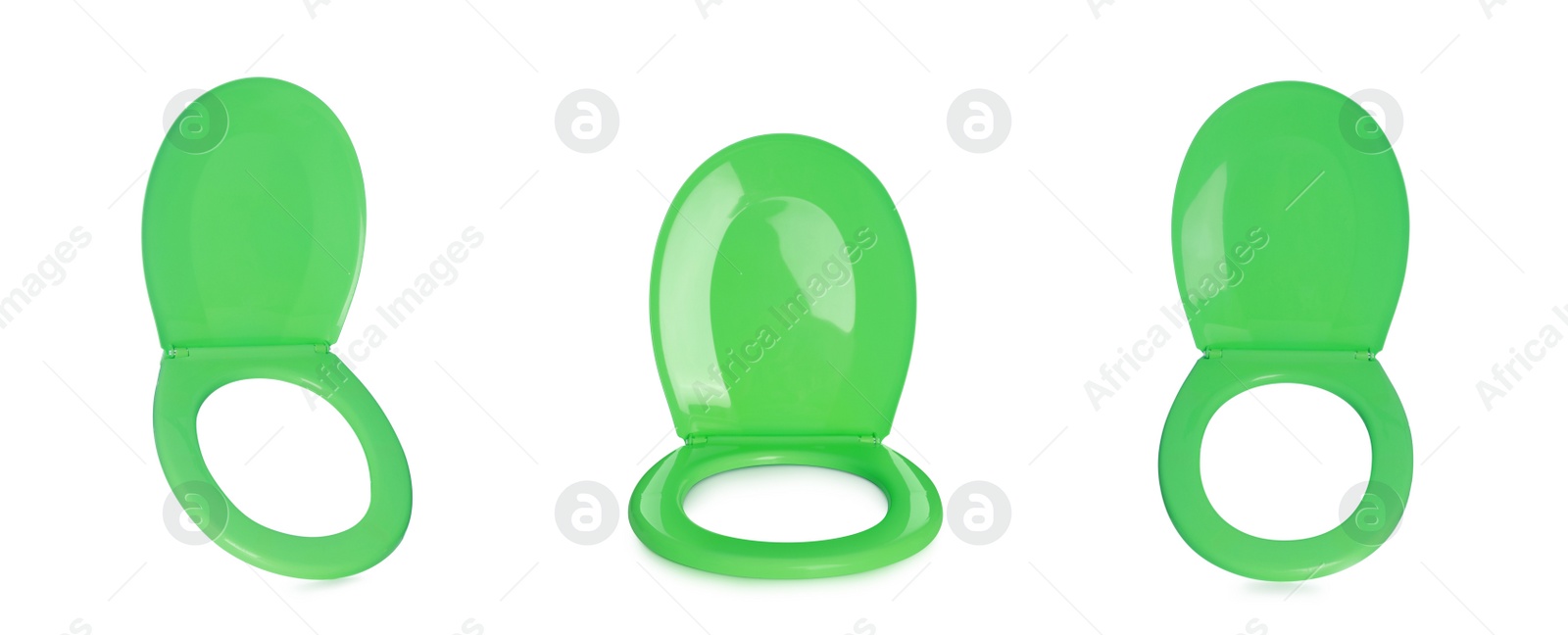 Image of Set with green plastic toilet seats on white background. Banner design