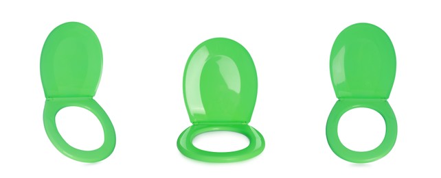 Set with green plastic toilet seats on white background. Banner design