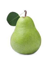 Photo of One fresh ripe pear with green leaf isolated on white