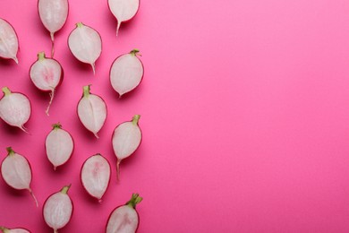 Fresh ripe radish on pink background, flat lay. Space for text