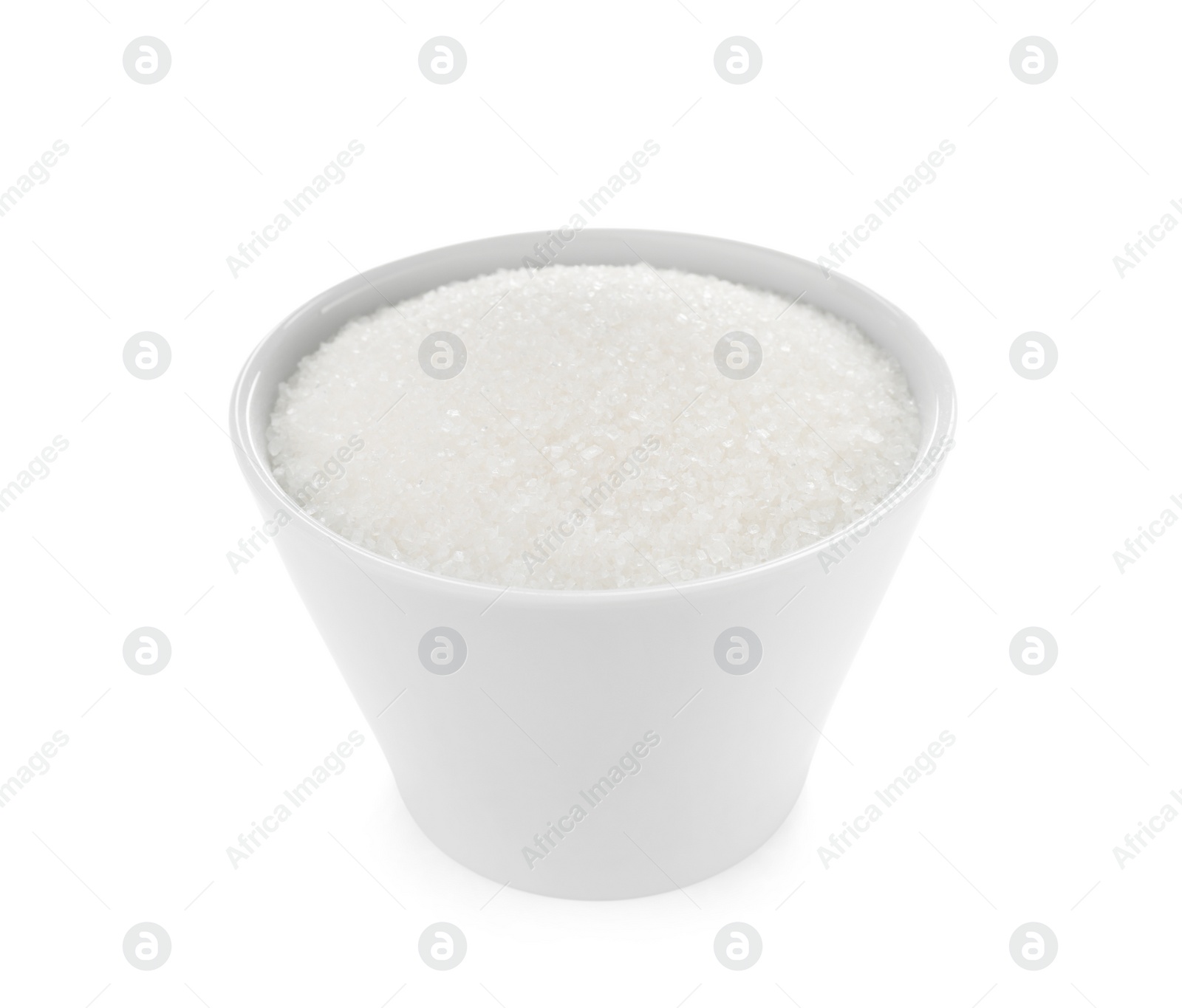 Photo of Granulated sugar in bowl isolated on white