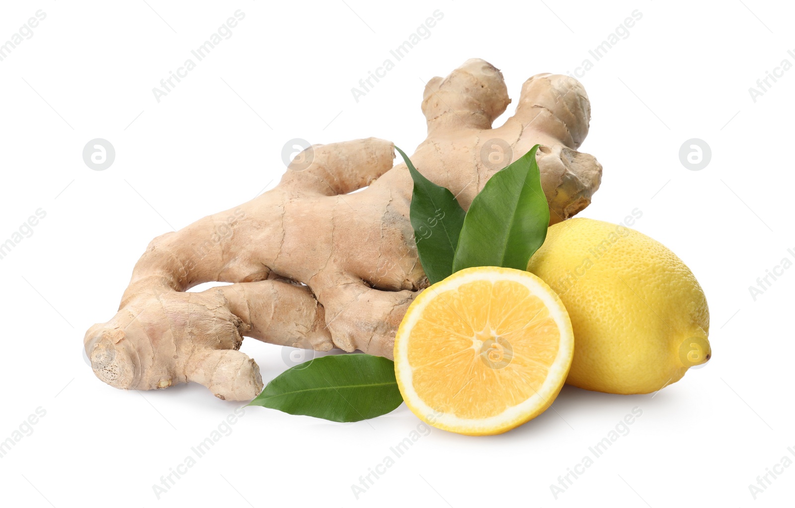 Photo of Fresh lemons and ginger on white background