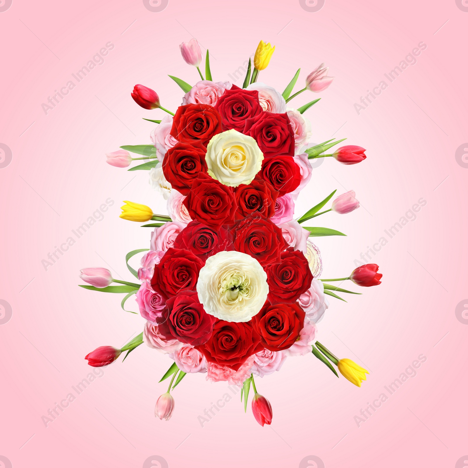 Image of International Women's Day - March 8. Card design with number 8 of bright flowers on pink background