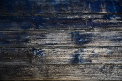 Texture of old blue wooden surface as background, top view