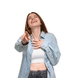 Portrait of beautiful woman laughing on white background