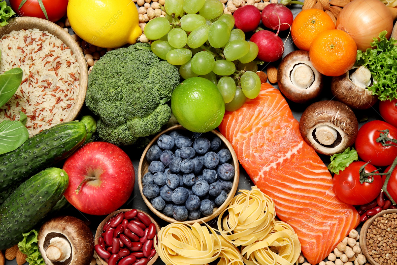 Photo of Different products as background, top view. Healthy food and balanced diet