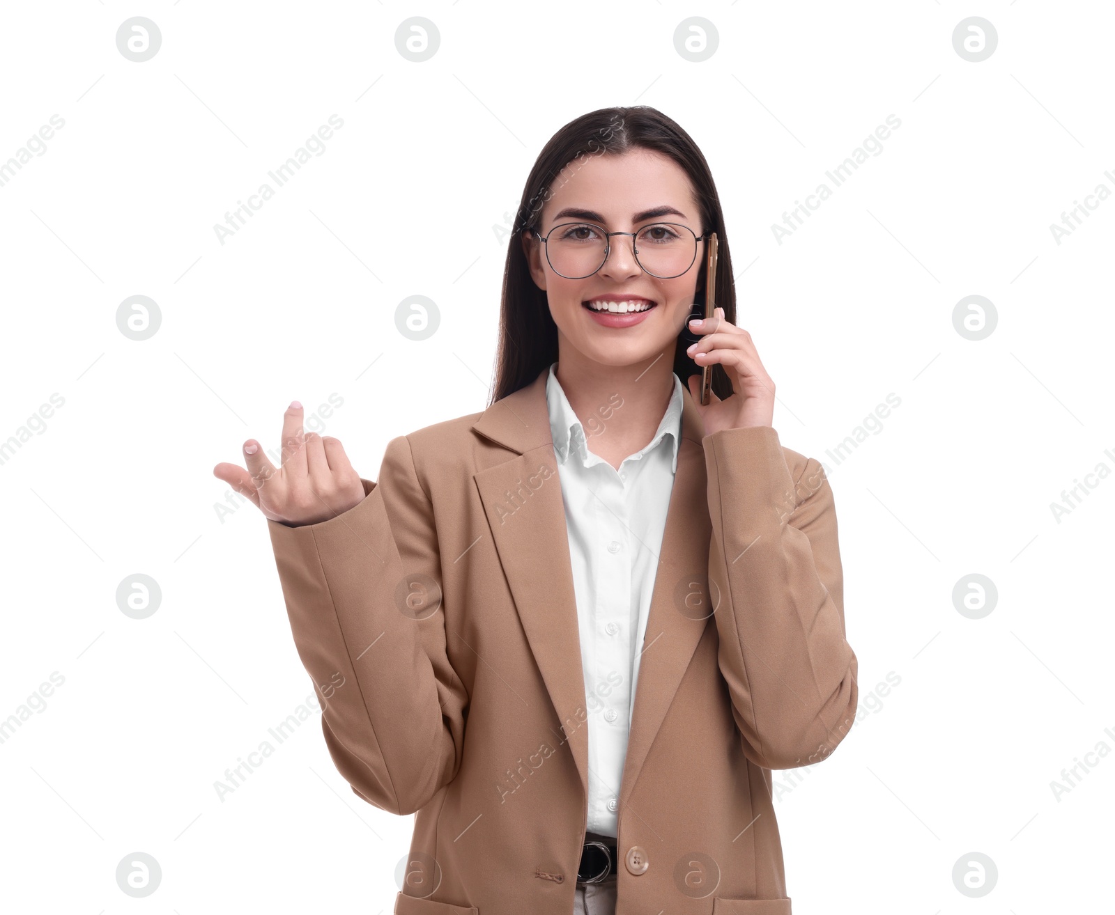 Photo of Beautiful happy businesswoman talking on smartphone against white background