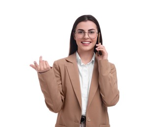 Photo of Beautiful happy businesswoman talking on smartphone against white background