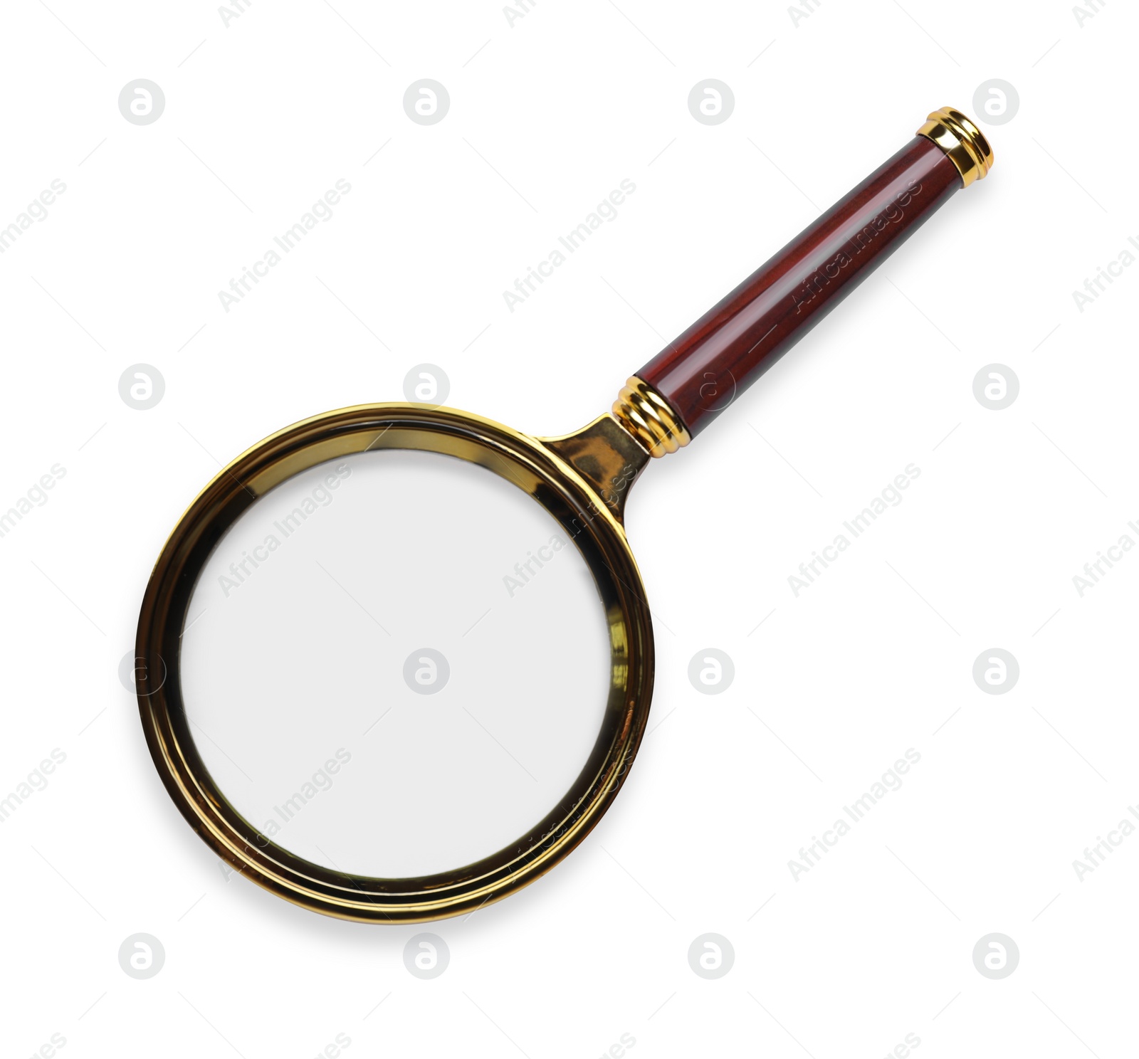 Photo of Magnifying glass with handle isolated on white, top view