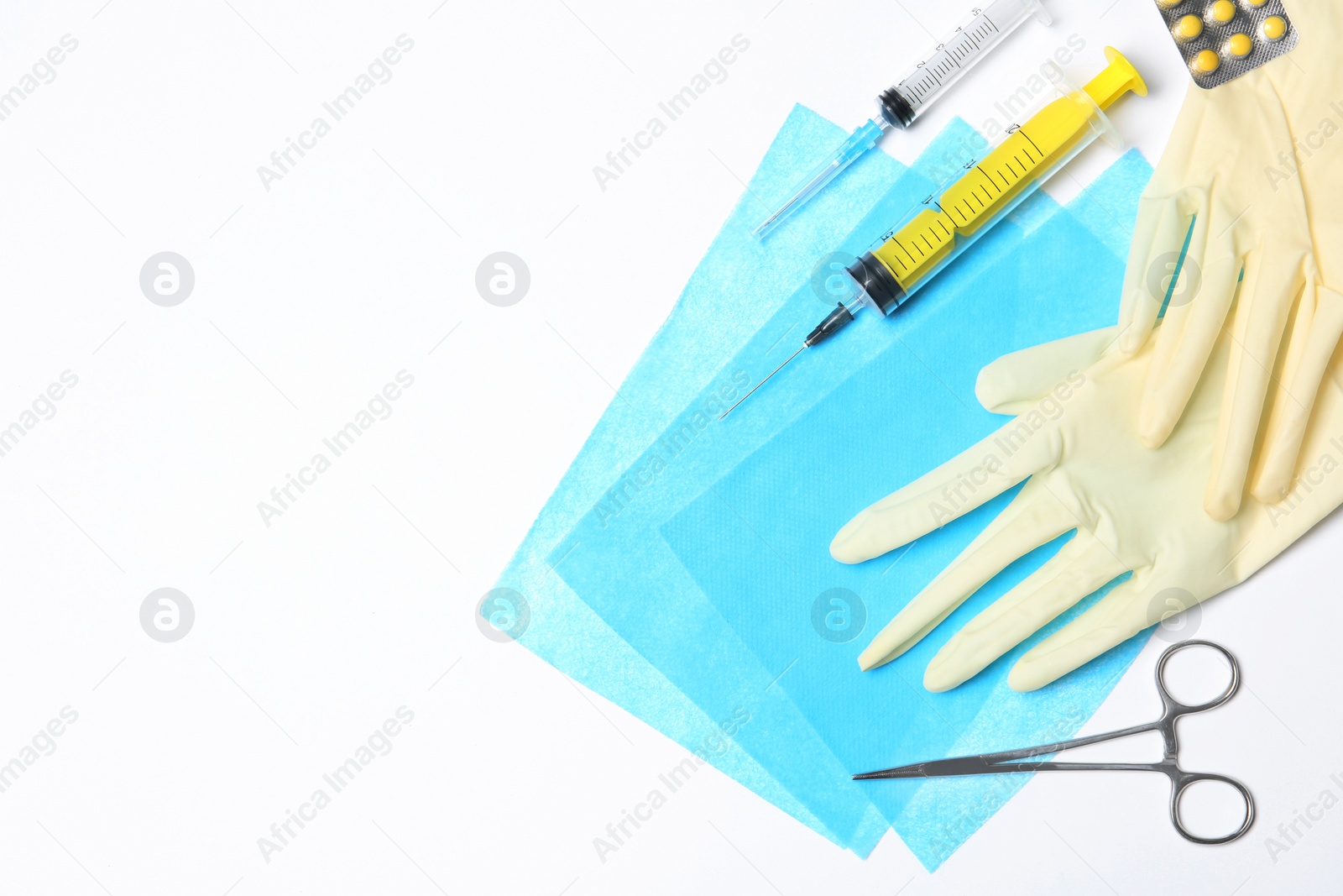 Photo of Flat lay composition with medical gloves on white background