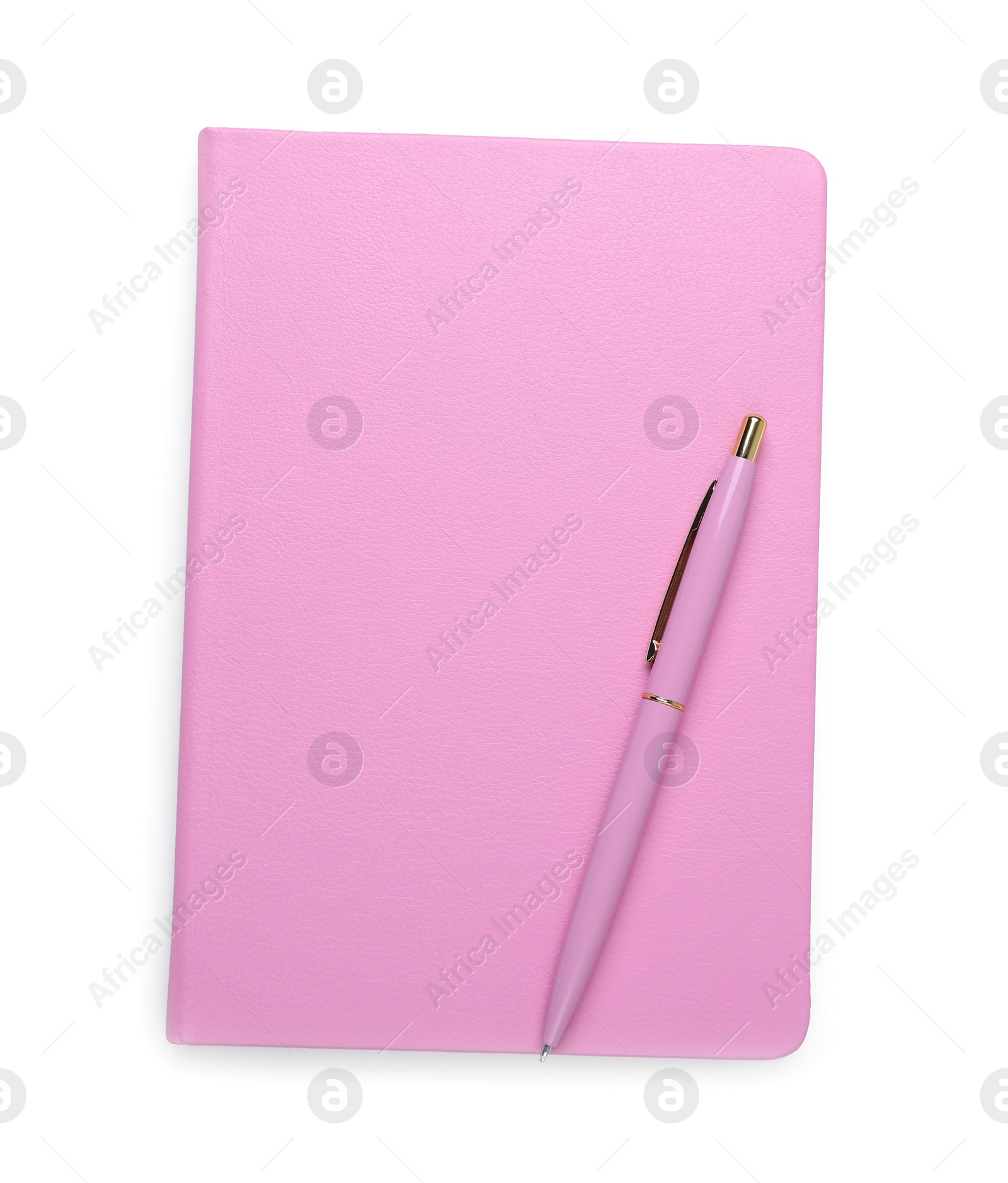 Photo of Closed office notebook and pen isolated on white, top view