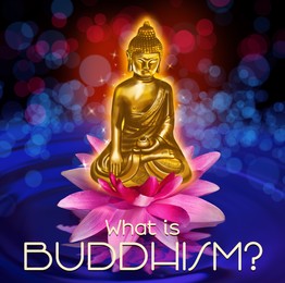Image of Buddha figure in lotus flower on water and text What Is Buddhism