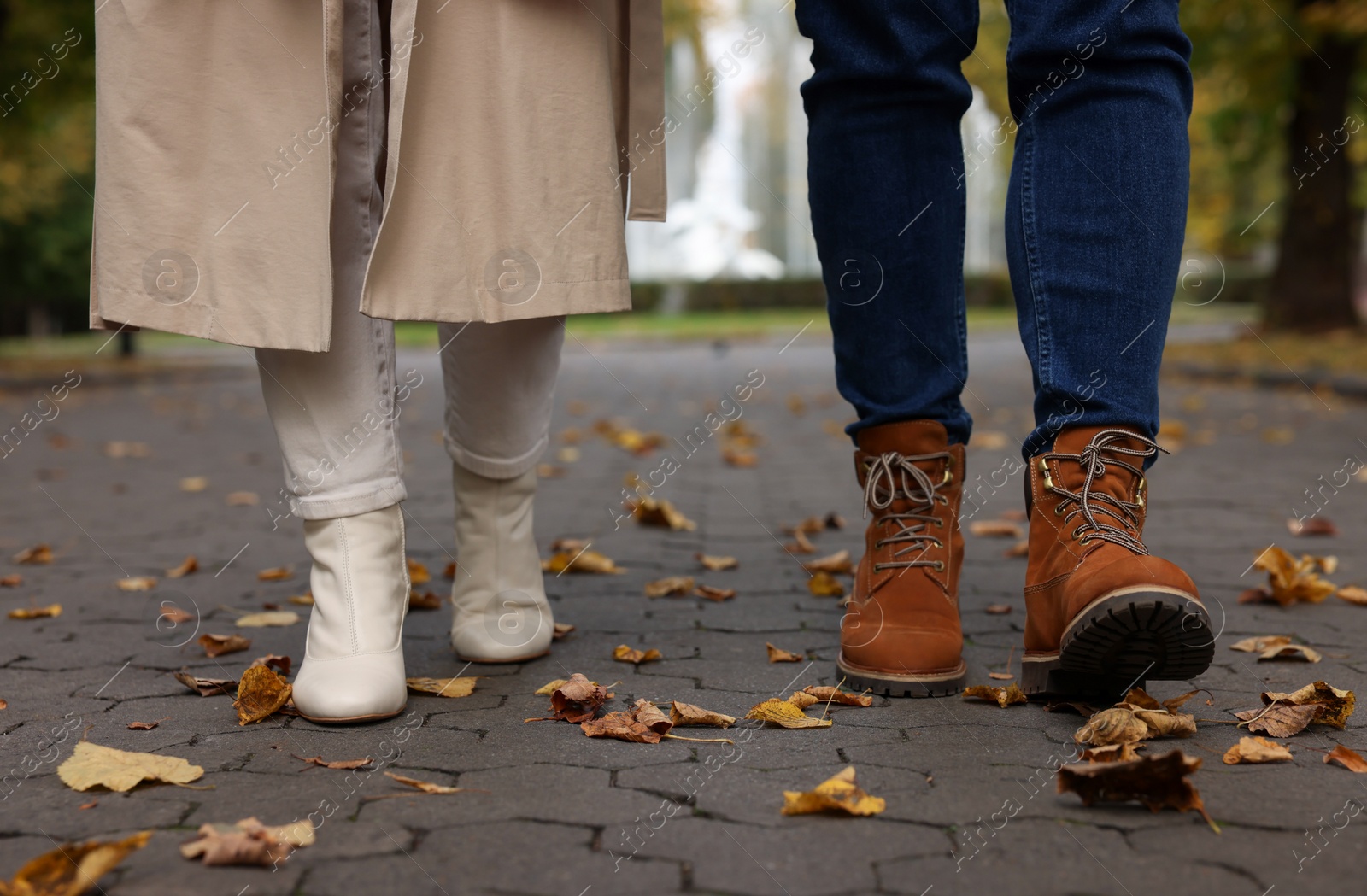 Photo of Young couple walking in autumn park, closeup