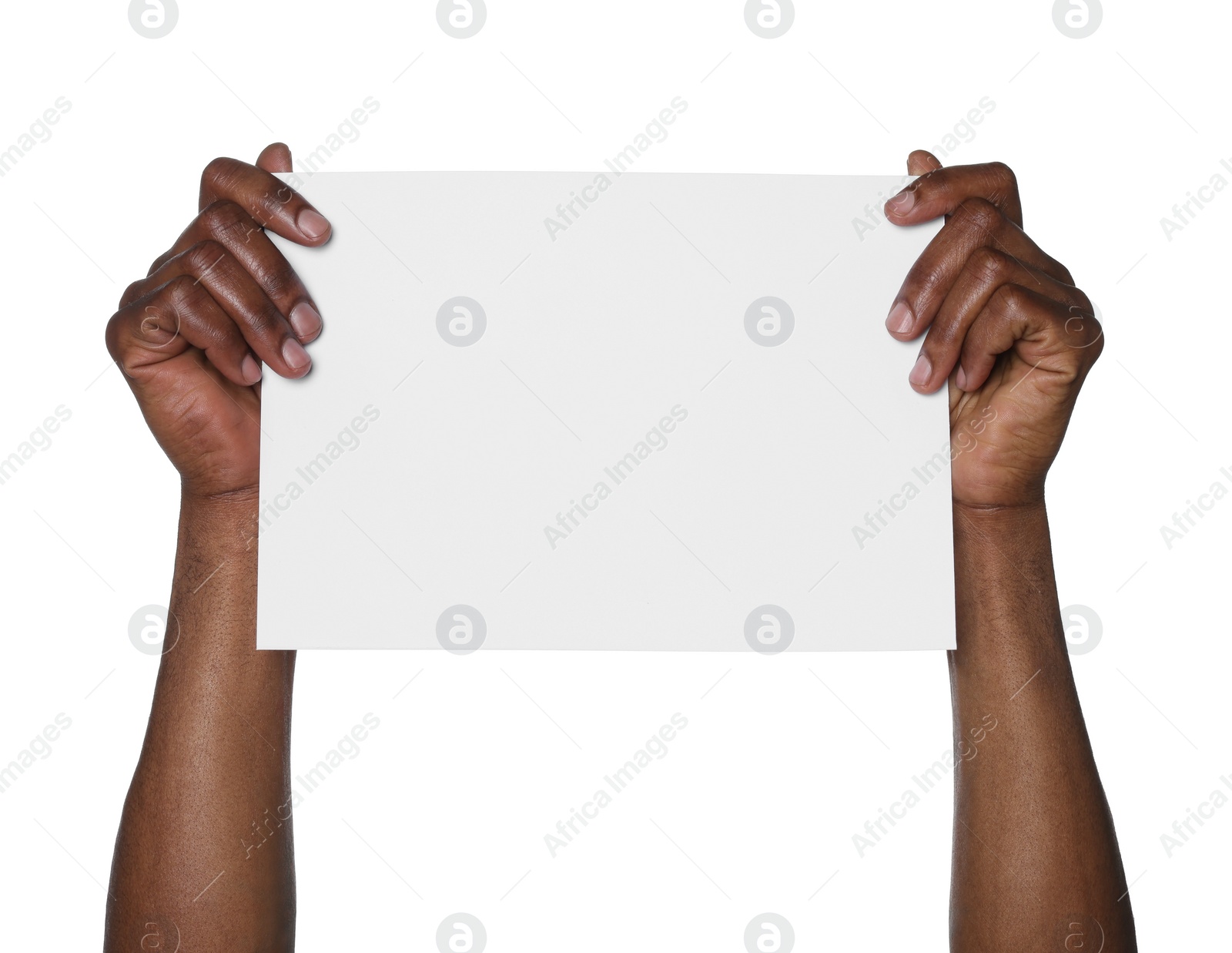 Photo of African American man holding sheet of paper on white background, closeup. Mockup for design