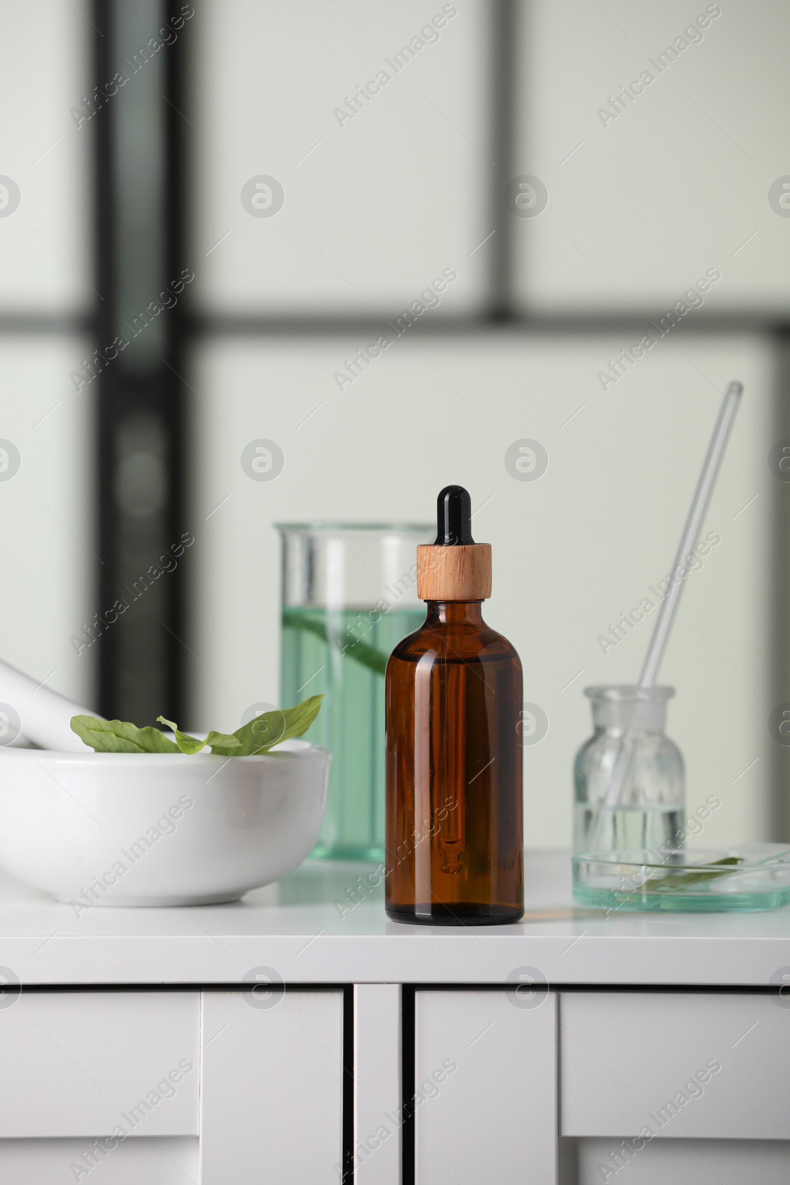 Photo of Bottle and glass tubes with leaves on white lab drawer indoors