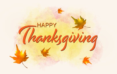 Illustration of Thanksgiving day card design. Autumn leaves and text on white background, illustration