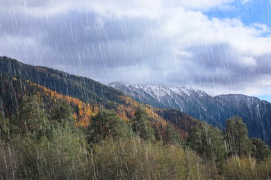 Picturesque view of mountain landscape with forest on rainy day