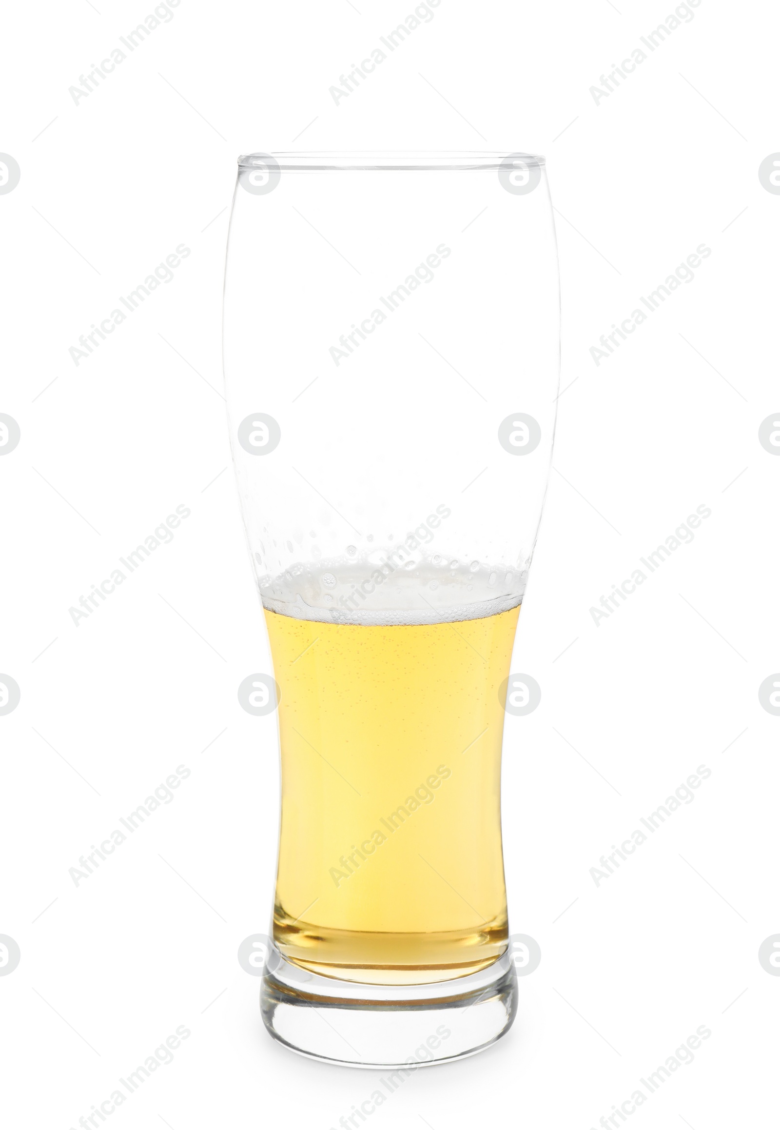 Photo of Half full glass of cold beer isolated on white