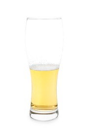 Half full glass of cold beer isolated on white