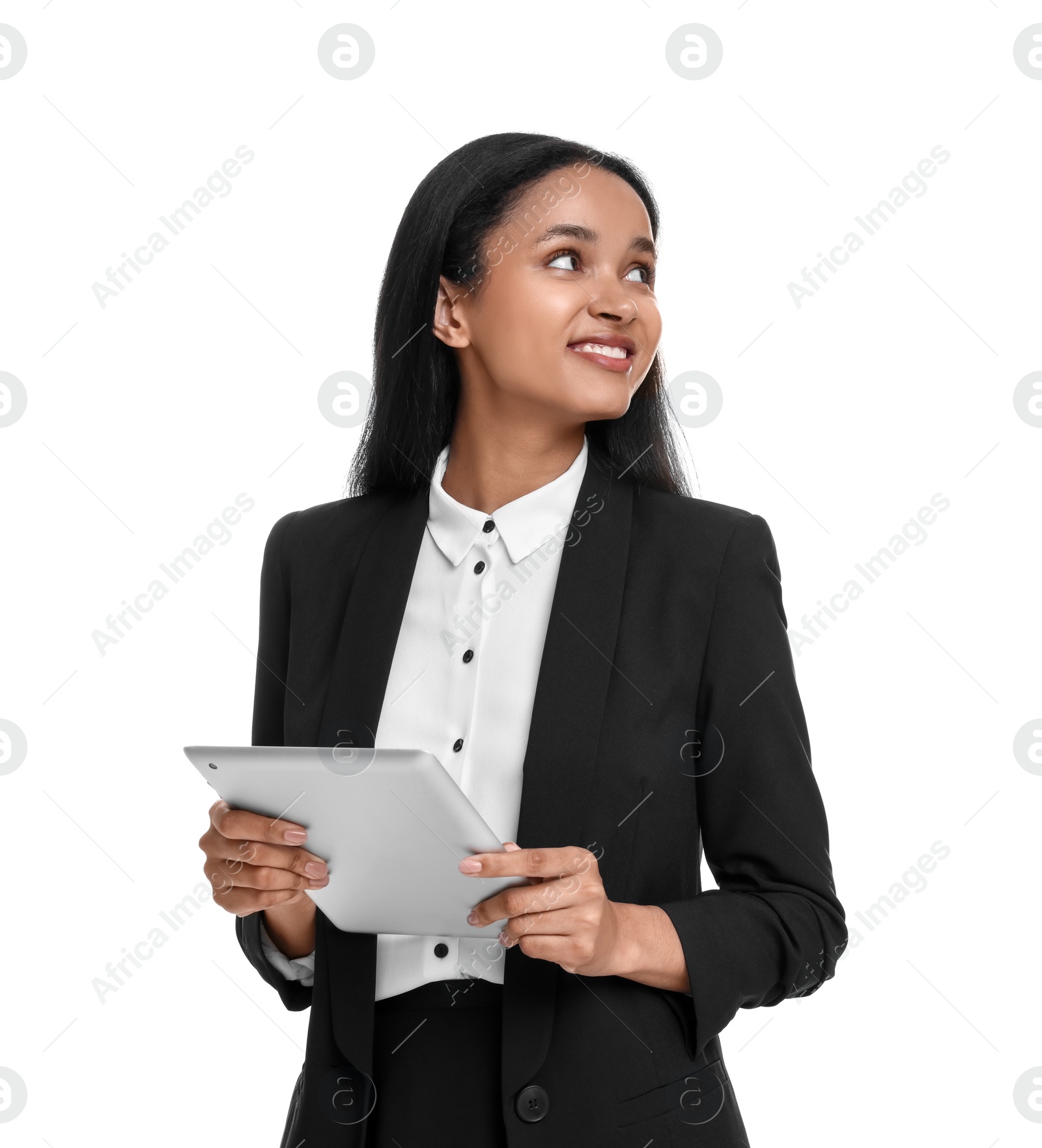 Photo of Beautiful secretary with laptop on white background