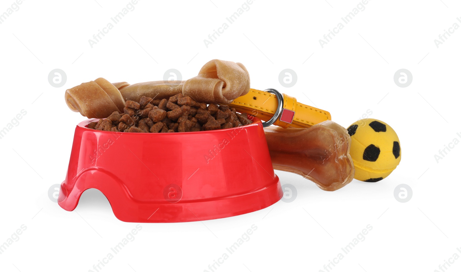 Photo of Ball toy, pet food and collar isolated on white