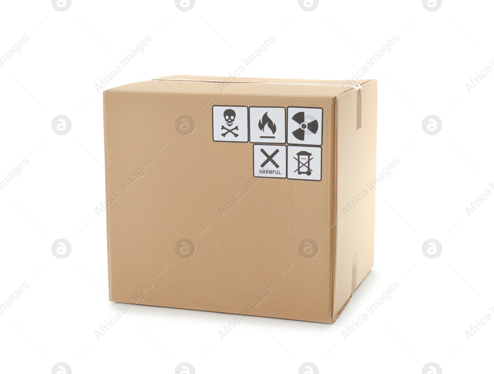 Photo of Cardboard box with shipping label isolated on white