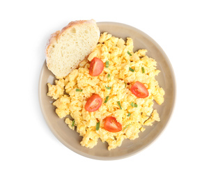 Tasty scrambled eggs with bread and cherry tomato isolated on white, top view