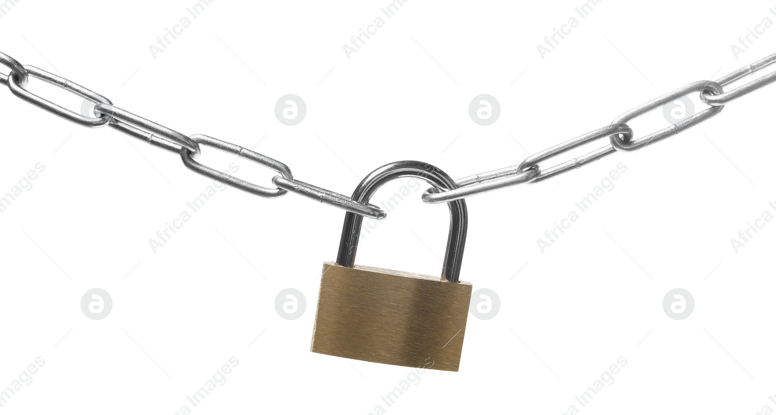 Photo of Steel padlock and chain isolated on white
