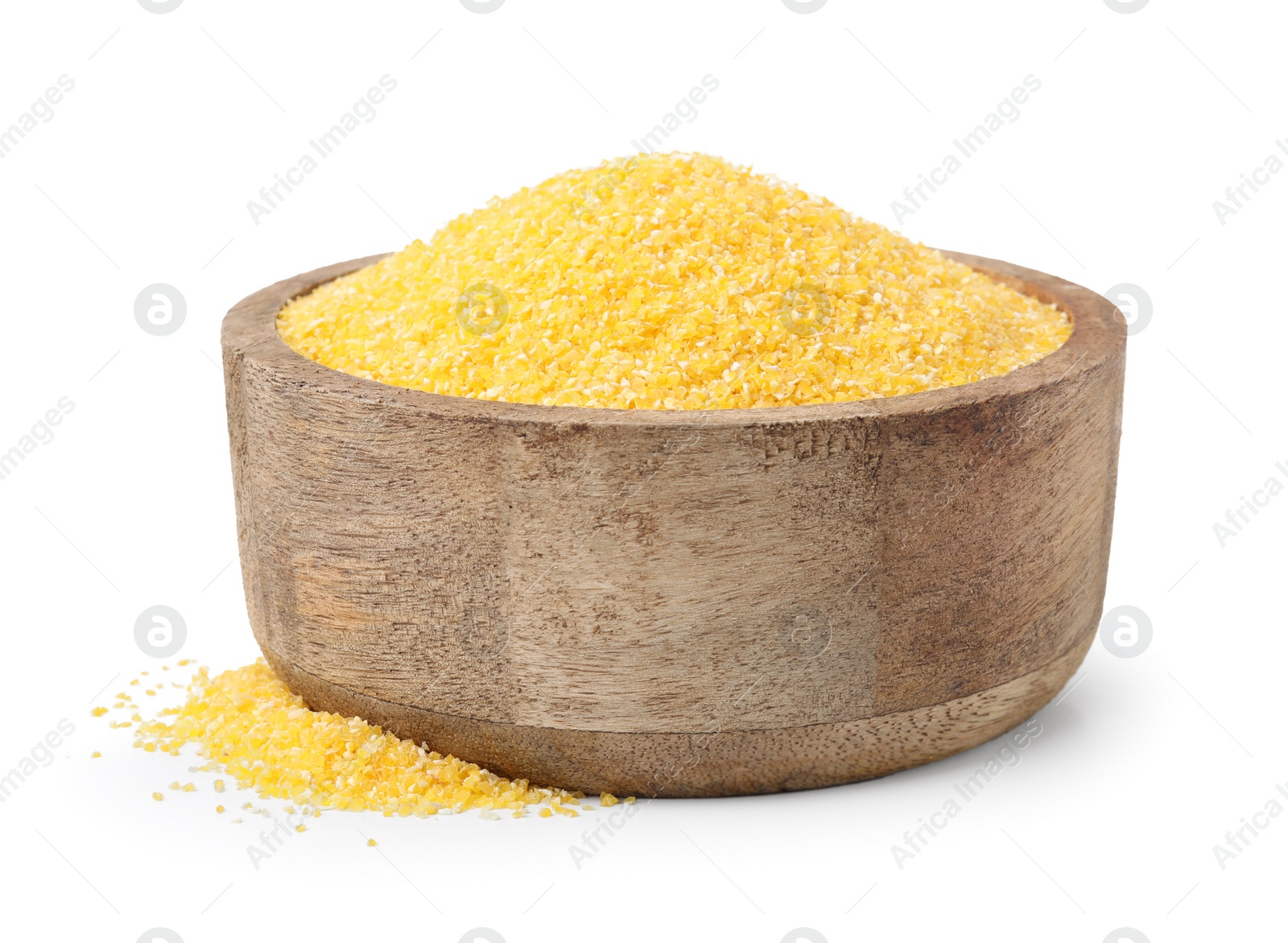 Photo of Raw cornmeal in bowl isolated on white