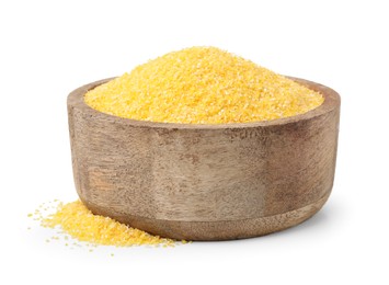 Photo of Raw cornmeal in bowl isolated on white