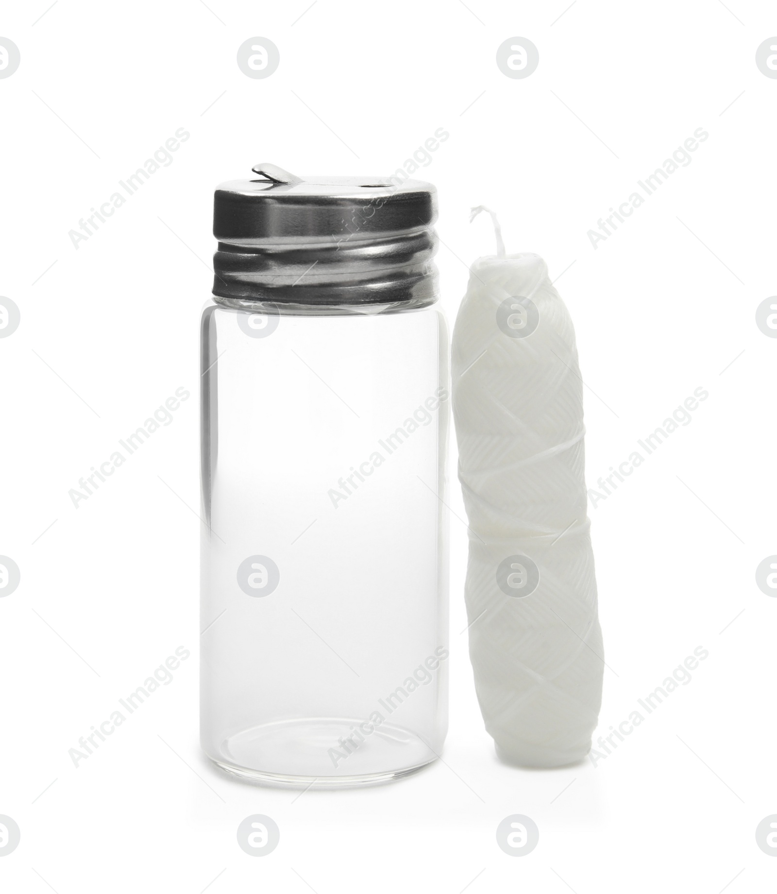 Photo of Roll of natural dental floss and jar on white background