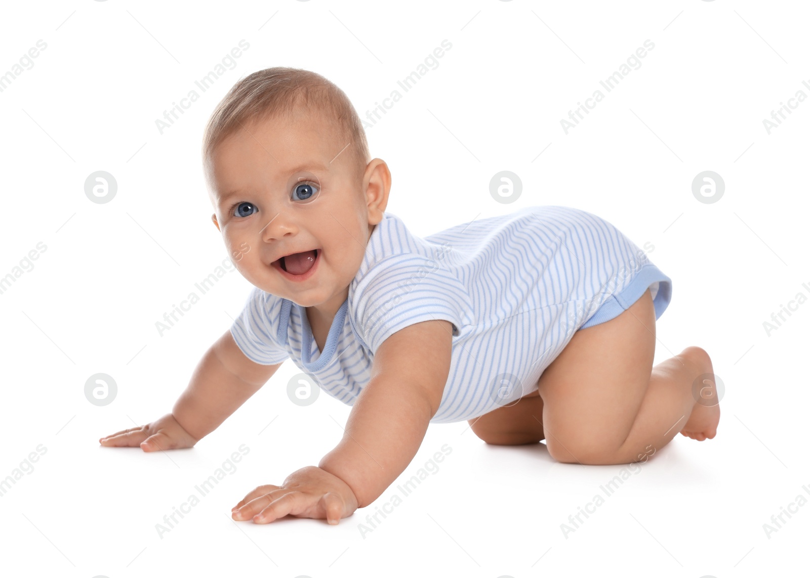 Photo of Cute little baby boy crawling on white background