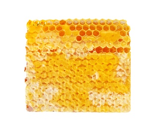 Photo of Fresh honeycomb on white background, top view